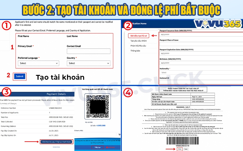 Tạo tài khoản và đóng lệ phí bắt buộc visa Mỹ