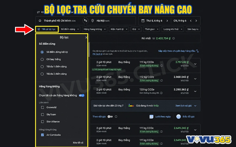 Bộ lọc tra cứu chuyến bay nâng cao