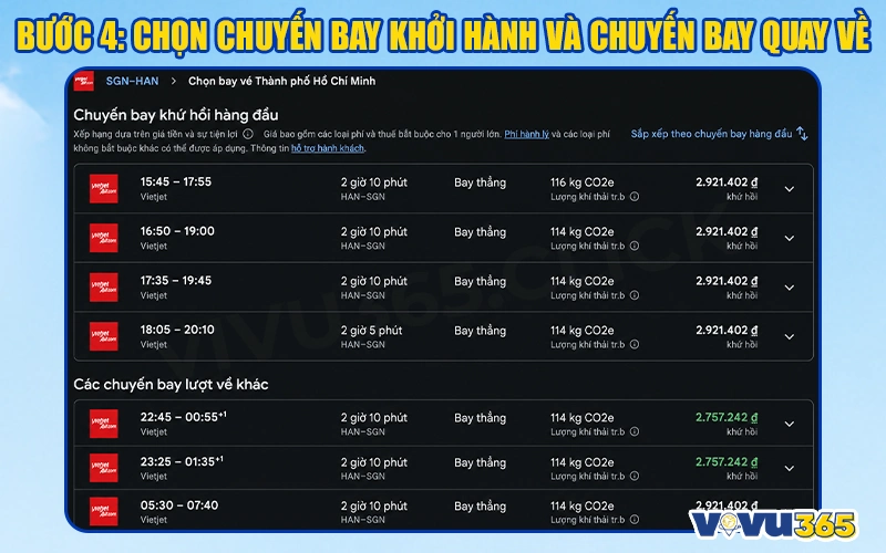 Chọn chuyến bay khởi hành và chuyến bay quay về