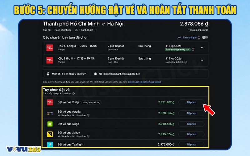Chuyển hướng đặt vé và hoàn tất thanh toán
