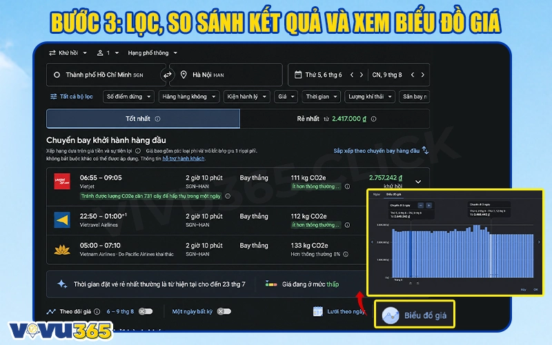 Lọc, so sánh kết quả và xem biểu đồ giá bay