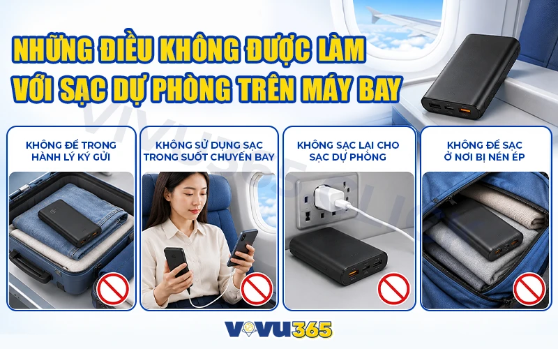 Những điều không được làm với sạc dự phòng trên máy bay