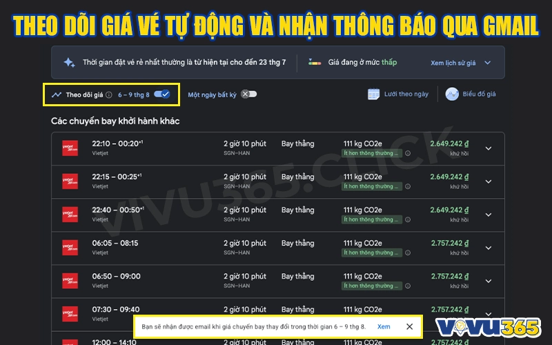 Theo dõi giá vé tự động và nhận thông báo qua Gmail