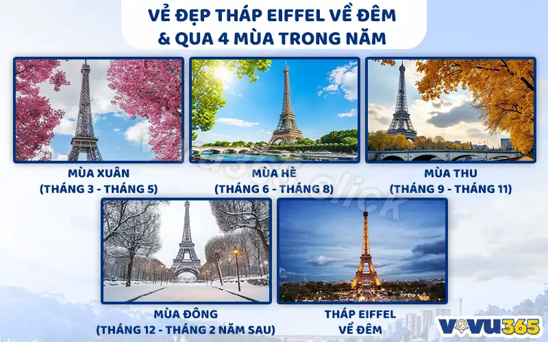 Tháp Eiffel về đêm và qua 4 mùa trong năm